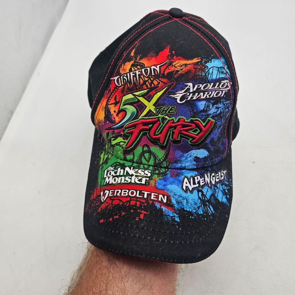 Busch Gardens Hat Cap Strap Back Mens One Size Black 5X The Fury Roller Coaster
